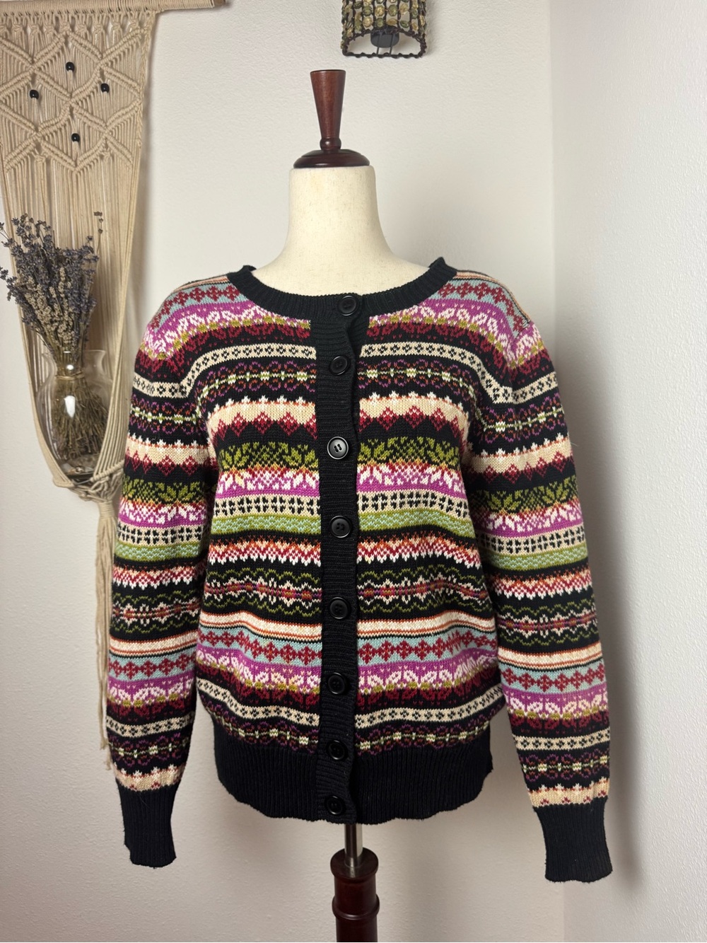 Fair Isle Button-Front Cardigan Sweater - Black Trim